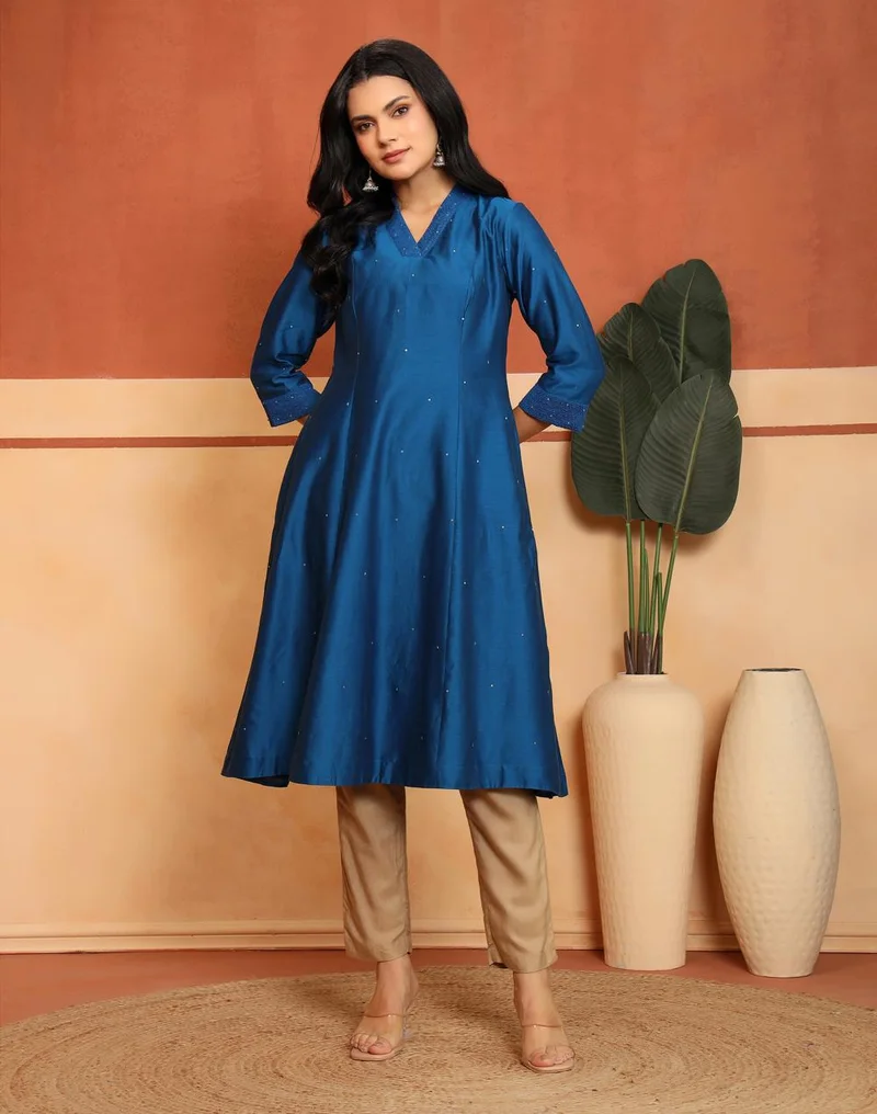 فاب انديا Royal blue Cotton Silk Embroidered Slim Fit Long Kurta