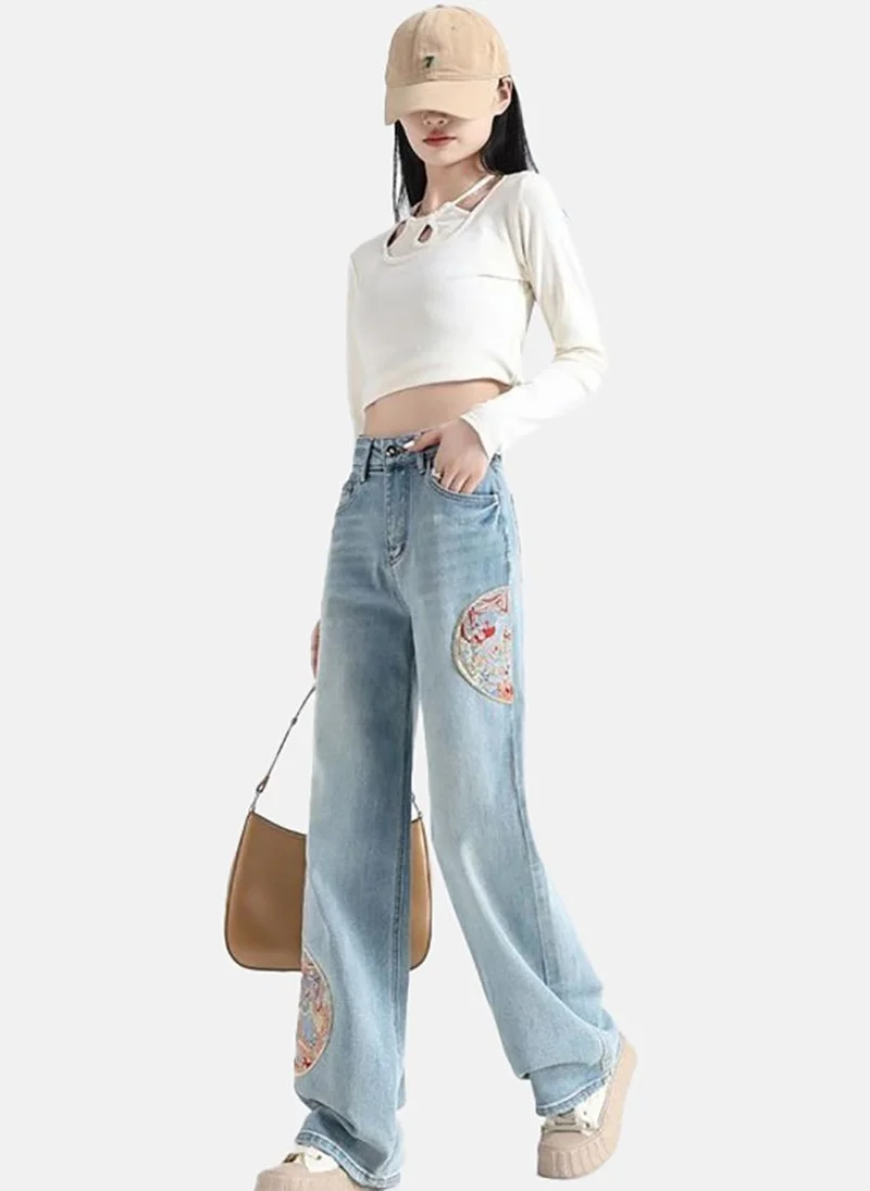 YUNIQEE Blue Embellished Mid Rise Straight Fit Straight Jeans
