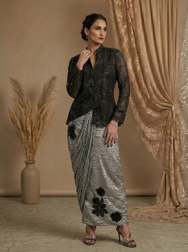 VINY Black Sequin Floral Skirt Set – Women's Indian Ethnic Wear - Image 1