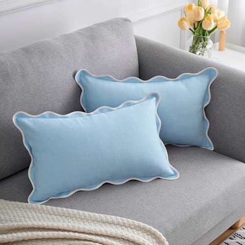 Mayler Yee Scalloped Pillow Covers Set of 2 for Living Room | Spring Decorative Sofa Couch Lumbar Pillows | Boho Sytle Decorative Home | Aesthetic Funky Preppy Pillow Cases (Blue, 12x20 Inch) - Image 1