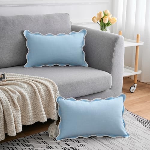 Mayler Yee Scalloped Pillow Covers Set of 2 for Living Room | Spring Decorative Sofa Couch Lumbar Pillows | Boho Sytle Decorative Home | Aesthetic Funky Preppy Pillow Cases (Blue, 12x20 Inch) - Image 4