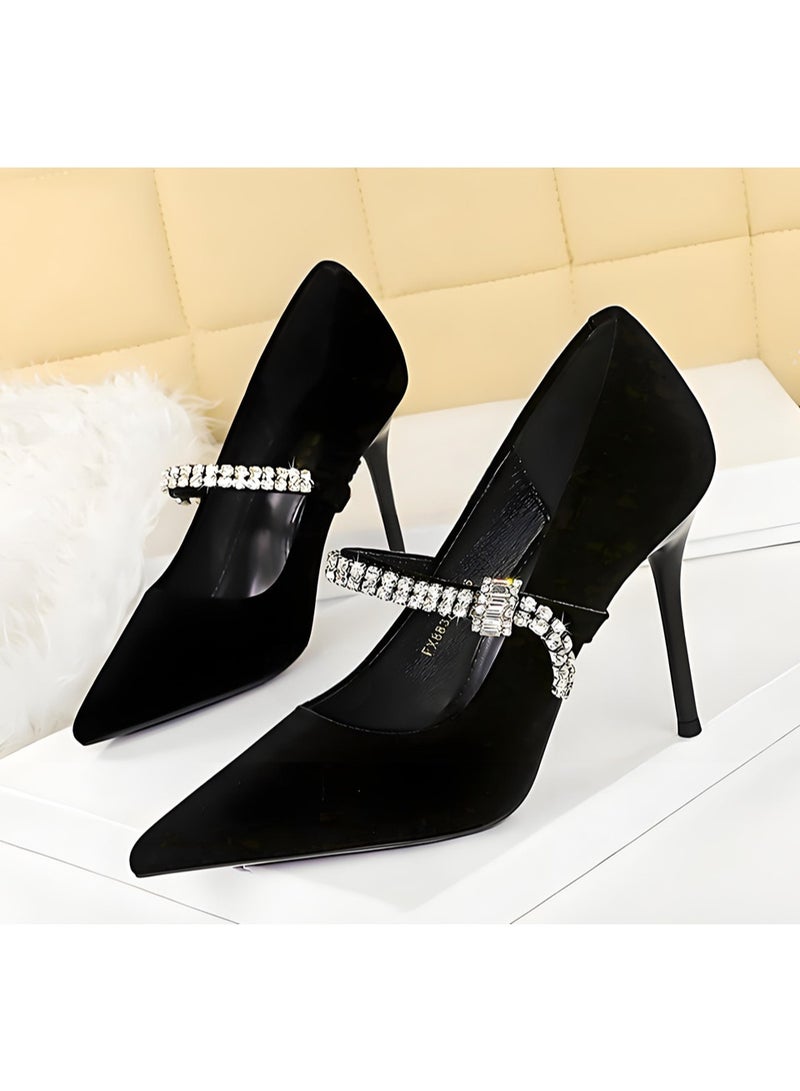 بيج تري المرأة مغلقة أشارت إصبع القدم جلد السويد عالية الكعب مضخات مع حزام الراينست الأسود 10CM - Image 1