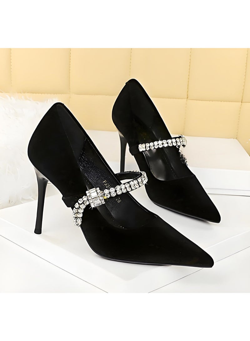 بيج تري المرأة مغلقة أشارت إصبع القدم جلد السويد عالية الكعب مضخات مع حزام الراينست الأسود 10CM - Image 2