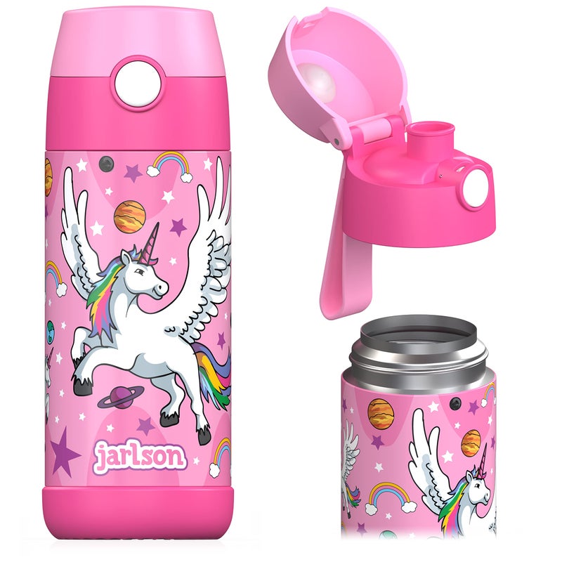 Jarlson Mali Childrens Water Bottle Thermal Stainless Steel Water Bottle BPAFree LeakProof Childrens Bottle with Chug Lid Bottle for School Nursery Unicorn Star 350 ml