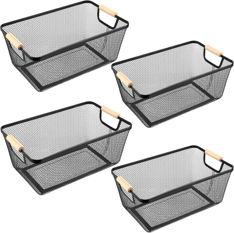 Ziliny 4 Pcs Metal Wire Basket with Wooden Handles Mesh Steel Storage Organizer Bin Containers for Home Organizing Cabinet Pantry Closet Kitchen Fridge Fruit Makeup Snacks Gifts(Large,Black) - Image 1