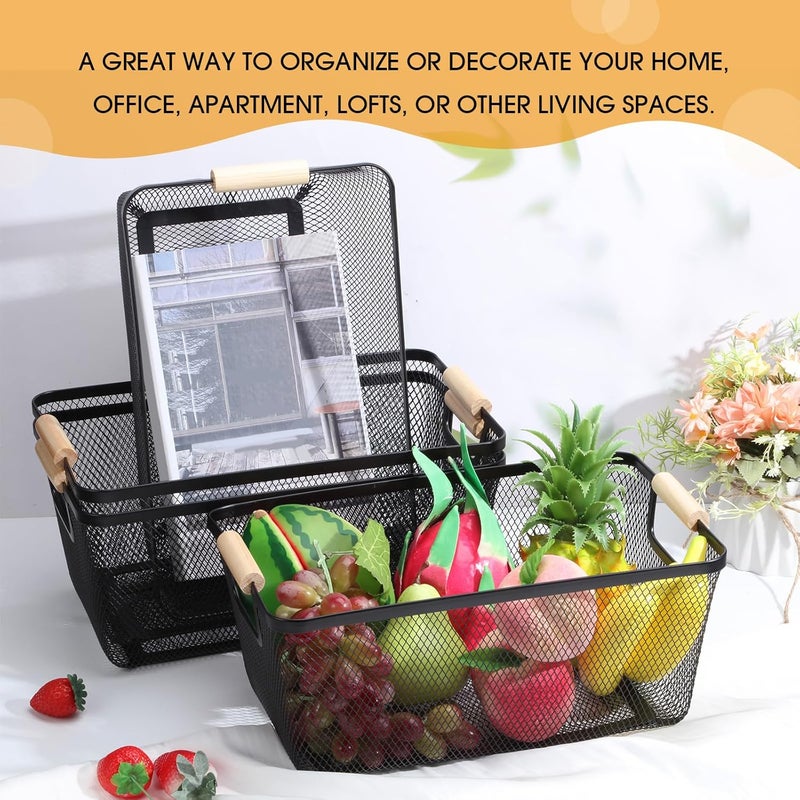 Ziliny 4 Pcs Metal Wire Basket with Wooden Handles Mesh Steel Storage Organizer Bin Containers for Home Organizing Cabinet Pantry Closet Kitchen Fridge Fruit Makeup Snacks Gifts(Large,Black) - Image 4