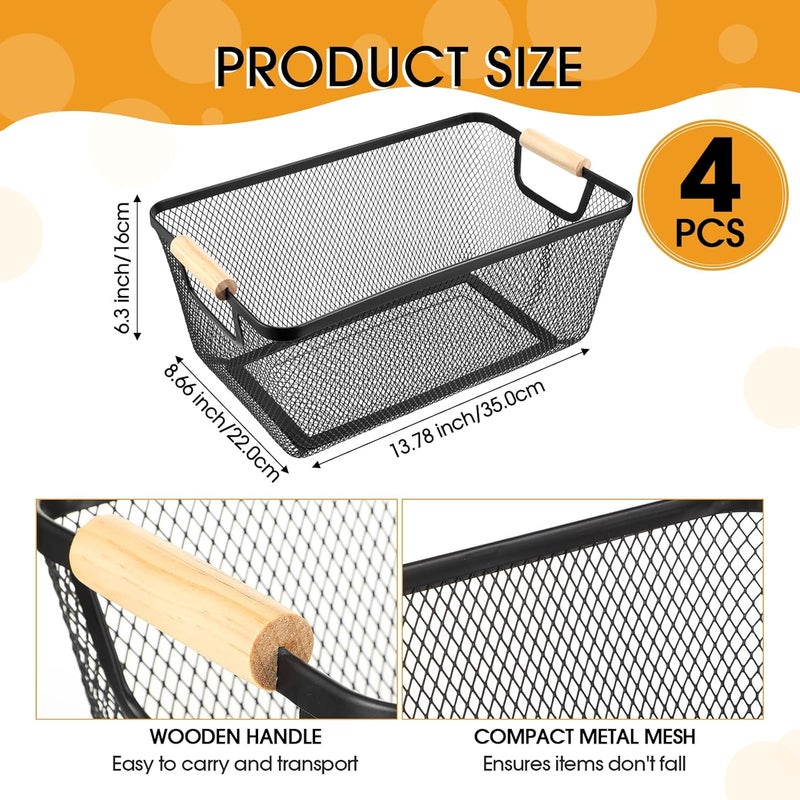 Ziliny 4 Pcs Metal Wire Basket with Wooden Handles Mesh Steel Storage Organizer Bin Containers for Home Organizing Cabinet Pantry Closet Kitchen Fridge Fruit Makeup Snacks Gifts(Large,Black) - Image 2