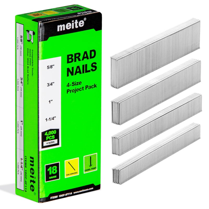 meite 18 Gauge Brad Nails, 4,000-Count Assorted 4 Sizes (5/8", 3/4", 1", 1-1/4 Inch) Galvanized Finish Nails for Pneumatic, Electric 18GA Brad Nailer Nail Guns Trim, Project Pack Assortment - Image 1