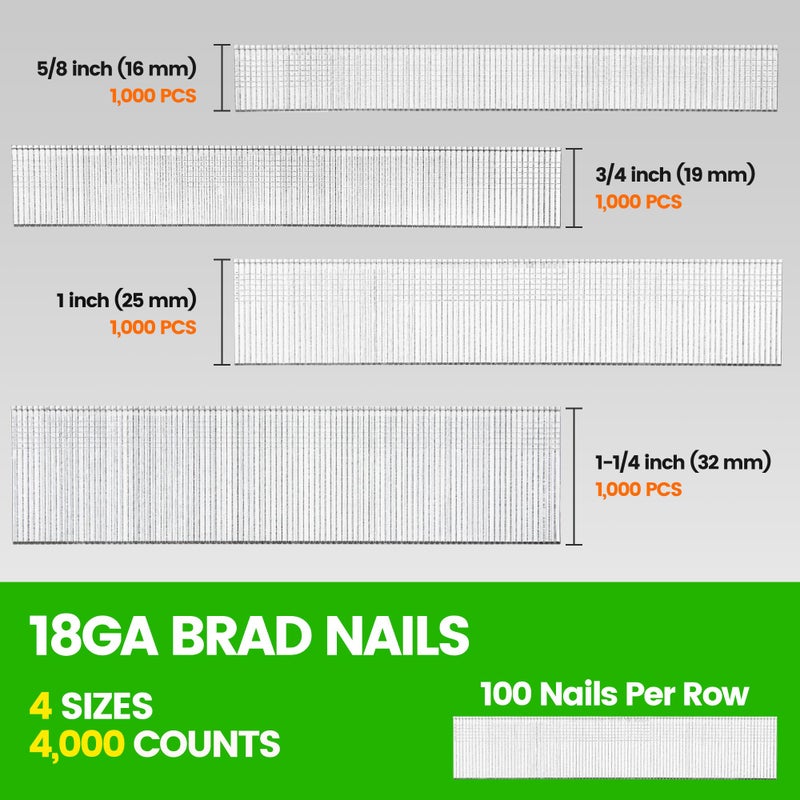 meite 18 Gauge Brad Nails, 4,000-Count Assorted 4 Sizes (5/8", 3/4", 1", 1-1/4 Inch) Galvanized Finish Nails for Pneumatic, Electric 18GA Brad Nailer Nail Guns Trim, Project Pack Assortment - Image 2