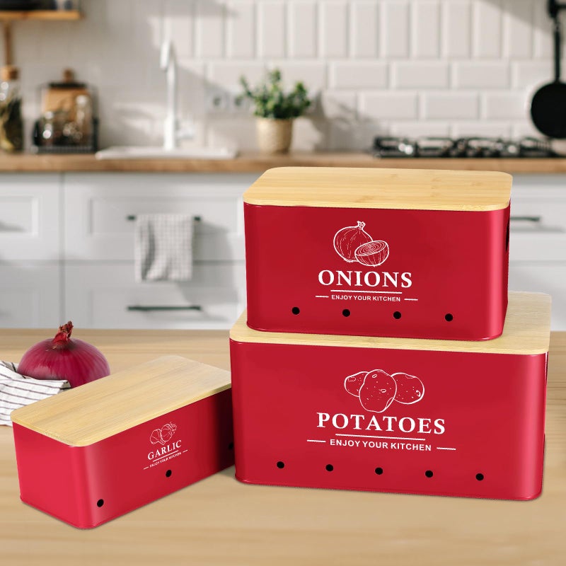 Dekosilave Kitchen Vegetable Storage Set of 3, Metal Onion Garlic Potato Storage Set, Kitchen Canisters Vegetable Keeper Containers with Aerating Holes and Wooden Lid (Red) - Image 2