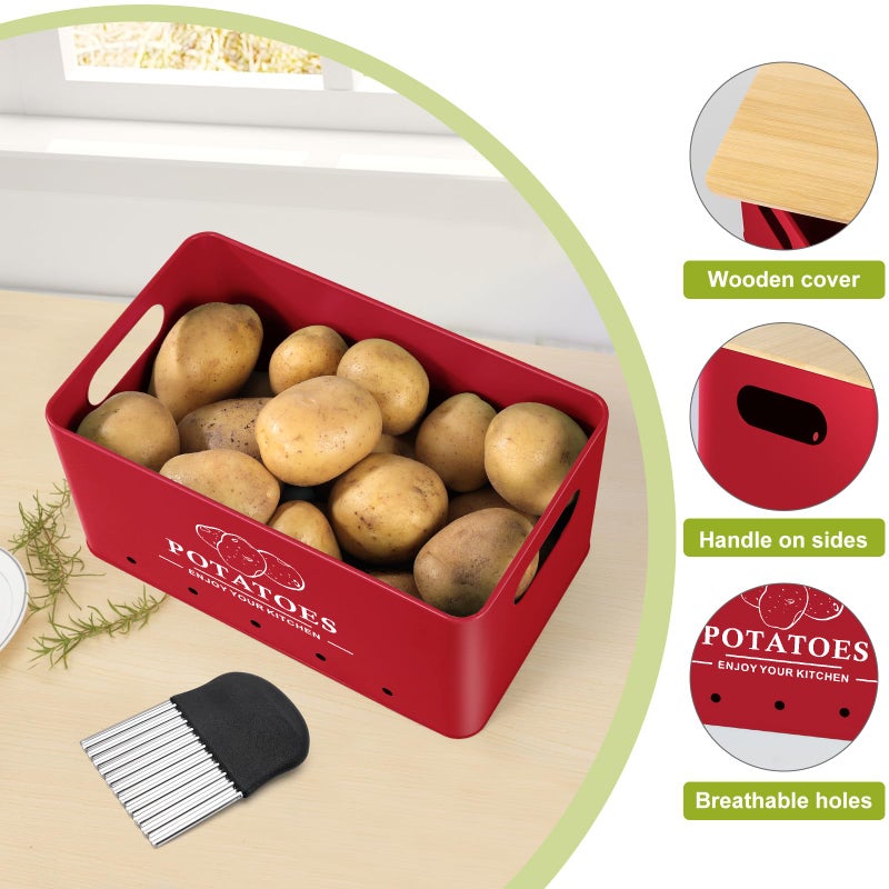 Dekosilave Kitchen Vegetable Storage Set of 3, Metal Onion Garlic Potato Storage Set, Kitchen Canisters Vegetable Keeper Containers with Aerating Holes and Wooden Lid (Red) - Image 3