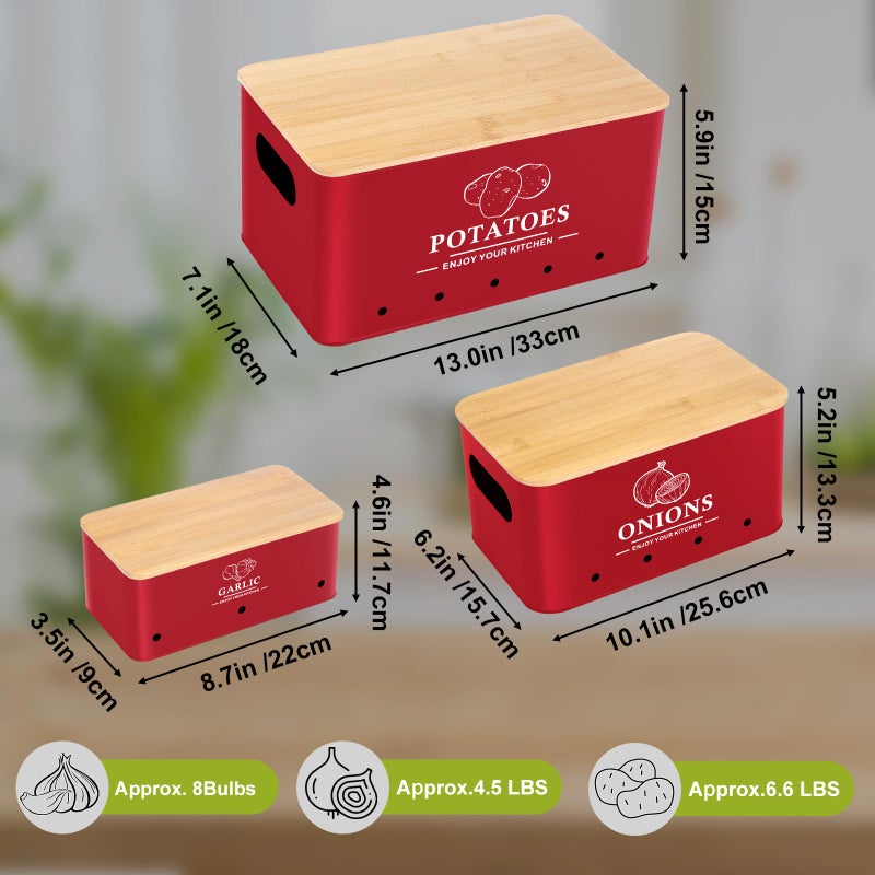 Dekosilave Kitchen Vegetable Storage Set of 3, Metal Onion Garlic Potato Storage Set, Kitchen Canisters Vegetable Keeper Containers with Aerating Holes and Wooden Lid (Red) - Image 4