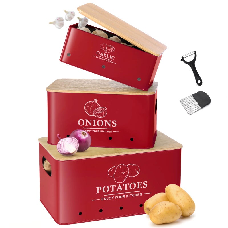 Dekosilave Kitchen Vegetable Storage Set of 3, Metal Onion Garlic Potato Storage Set, Kitchen Canisters Vegetable Keeper Containers with Aerating Holes and Wooden Lid (Red) - Image 1