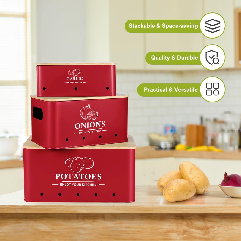 Dekosilave Kitchen Vegetable Storage Set of 3, Metal Onion Garlic Potato Storage Set, Kitchen Canisters Vegetable Keeper Containers with Aerating Holes and Wooden Lid (Red) - Image 5