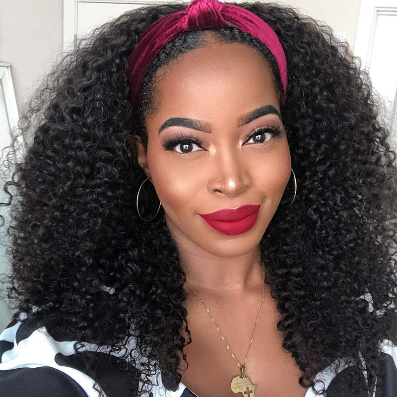 Nadula Hair 10A Afro Malaysian Kinky Curly Human Hair Half Wig WEAR WITH OR WITHOUT Headband For Women 100 Virgin Human Hair Headband Curly 34 Half Wigs Gluless 150 Density Natural Color 22inch