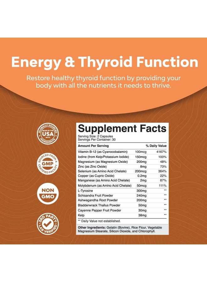 Herbal Thyroid Support Complex Iodine Thyroid Supplement With L Tyrosine Bladderwrack Kelp Selenium And Ashwagandha Mood Enhancer Energy Supplement For Thyroid Health 60 Halal Capsules