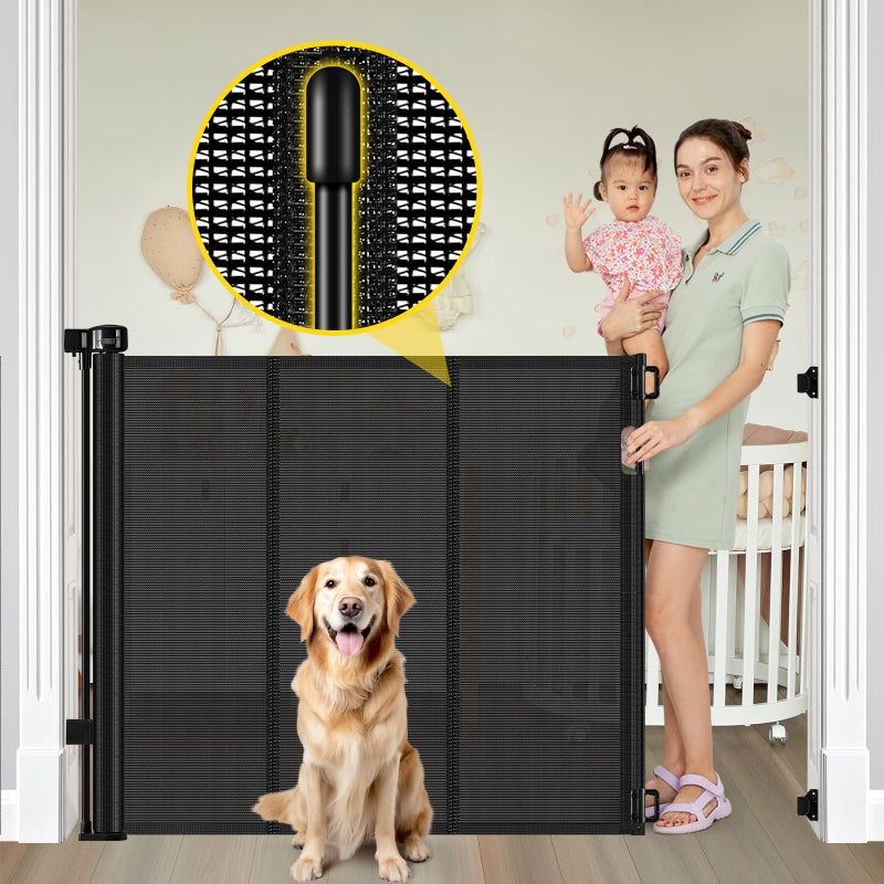 Bingguz Reinforced 42â€ Extra Tall Retractable Baby Gates with Rods, Extends up to 60â€ Wide, Tall Retractable Dog Gate for Doorways Prevent Crawling Through Mesh Pet Gate Indoor Outdoor, Black - Image 1