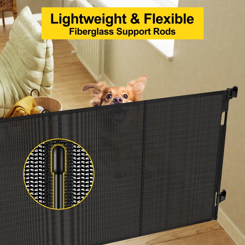 Bingguz Reinforced 42â€ Extra Tall Retractable Baby Gates with Rods, Extends up to 60â€ Wide, Tall Retractable Dog Gate for Doorways Prevent Crawling Through Mesh Pet Gate Indoor Outdoor, Black - Image 3