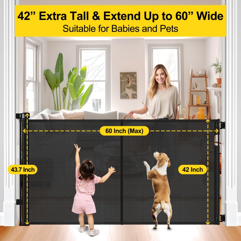 Bingguz Reinforced 42â€ Extra Tall Retractable Baby Gates with Rods, Extends up to 60â€ Wide, Tall Retractable Dog Gate for Doorways Prevent Crawling Through Mesh Pet Gate Indoor Outdoor, Black - Image 4