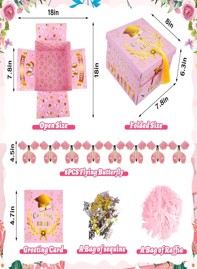 FVNPIHAM Graduation Gift Boxes 2026, Surprise Gift Box Explosion with 8 Pcs Flying Butterfly Photo DIY, Graduation Box 2026 Exploding Gift Box for High School College Graduate Party Decoration (Pink & Glod - Image 2