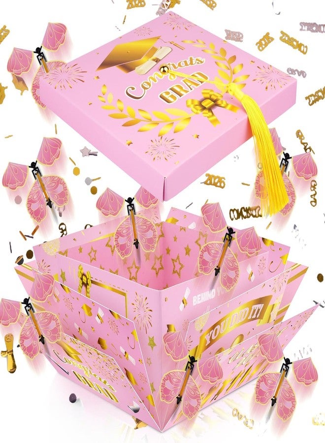 FVNPIHAM Graduation Gift Boxes 2026, Surprise Gift Box Explosion with 8 Pcs Flying Butterfly Photo DIY, Graduation Box 2026 Exploding Gift Box for High School College Graduate Party Decoration (Pink & Glod - Image 1