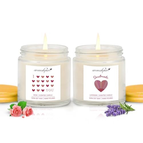 Aromahpure Valentines Scented Candles Gift Set for Girlfriend & Boyfriend | I Love You (Rose) & Soulmate (Lavender) Fragrances | Burns Upto 50hrs Soy Wax Candle Jar | Candles for Home Decor - Image 1