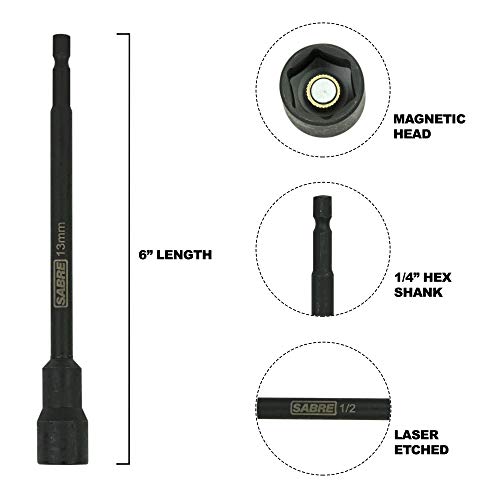 Sabre Tools 13mm Impact Magnetic Nut Driver – 6 Inch Length, 1/4 Inch Hex Shank, Magnetic Socket Tip (13mm Metric) - Image 3