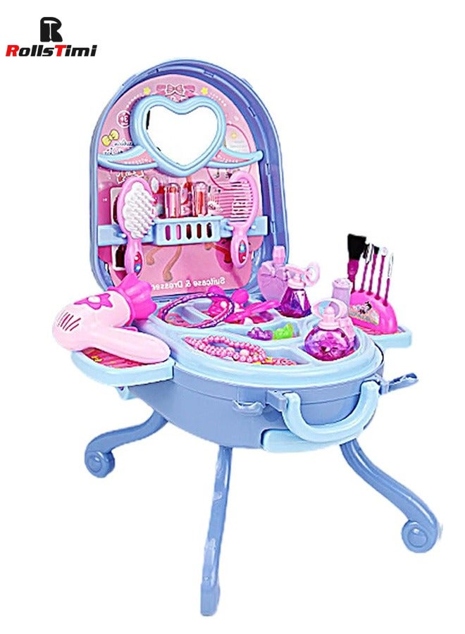 رولستيمي مجموعة مكياج ألعاب للبنات ألعاب تلبيس ، طاولة مكياج قابلة للطي ، حقيبة قابلة للإزالة ، أزرق - Image 1