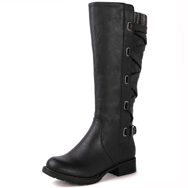 GLOBALWIN Women's Black Quilted Knit Knee High Fashion Boots Strappy Boots For Women 8.5M - Image 2