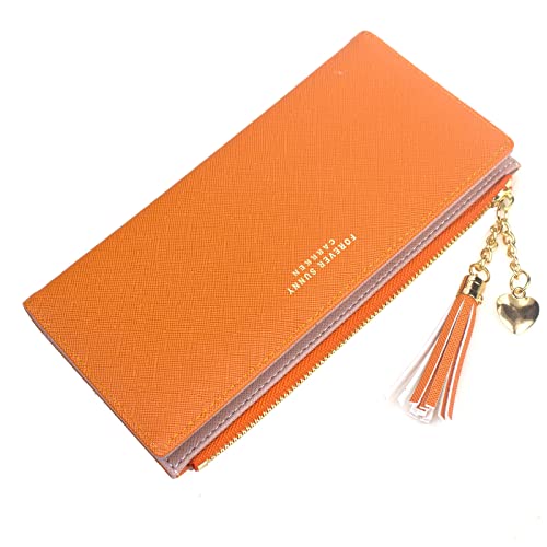 SUMGOGO Wallets for Women Slim Clutch Purse Handbag Card Holder Womens Long Tassel Zipper Pocket Fashion Taiga Leather Billfold Wallet (Orange) - Image 2