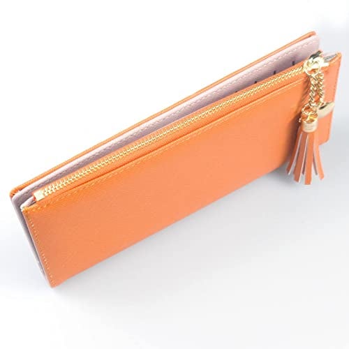 SUMGOGO Wallets for Women Slim Clutch Purse Handbag Card Holder Womens Long Tassel Zipper Pocket Fashion Taiga Leather Billfold Wallet (Orange) - Image 3