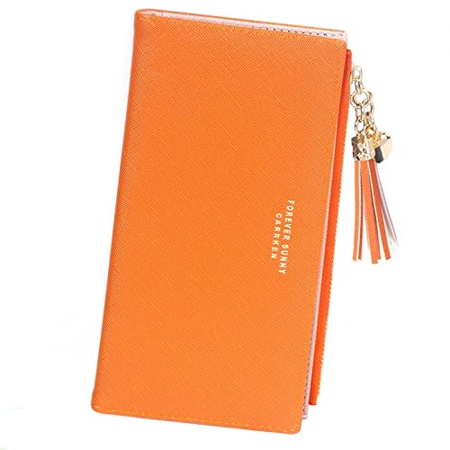 SUMGOGO Wallets for Women Slim Clutch Purse Handbag Card Holder Womens Long Tassel Zipper Pocket Fashion Taiga Leather Billfold Wallet (Orange) - Image 1