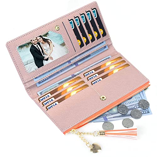 SUMGOGO Wallets for Women Slim Clutch Purse Handbag Card Holder Womens Long Tassel Zipper Pocket Fashion Taiga Leather Billfold Wallet (Orange) - Image 4