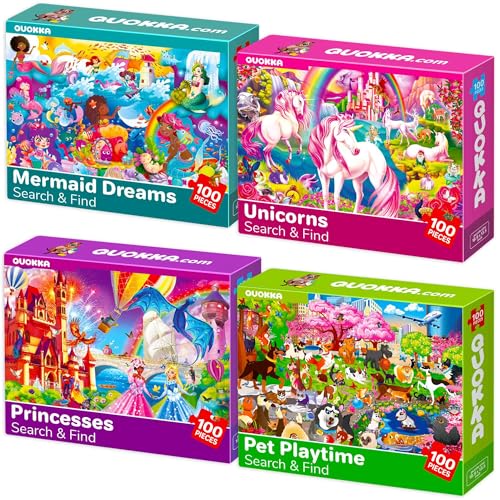 QUOKKA 100 Piece Puzzles for Kids Ages 46  4 Jigsaw Puzzles for Kids Ages 68  Search and Find Unicorn Princess Mermaid Toys for Children 810 yo  Educational Game Gift for Boys  Girls - Image 1