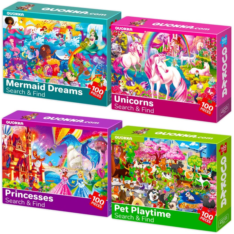 QUOKKA 100 Piece Puzzles for Kids Ages 46  4 Jigsaw Puzzles for Kids Ages 68  Search and Find Unicorn Princess Mermaid Toys for Children 810 yo  Educational Game Gift for Boys  Girls - Image 2