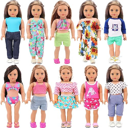Ecore Fun 10 Sets American 18 Inch Doll Clothes - 18 pcs Doll Clothing Doll Outfits Dress Swimsuits Jumpsuit Tights for 18 Inch Dolls Christmas Birthday Gift - Image 1
