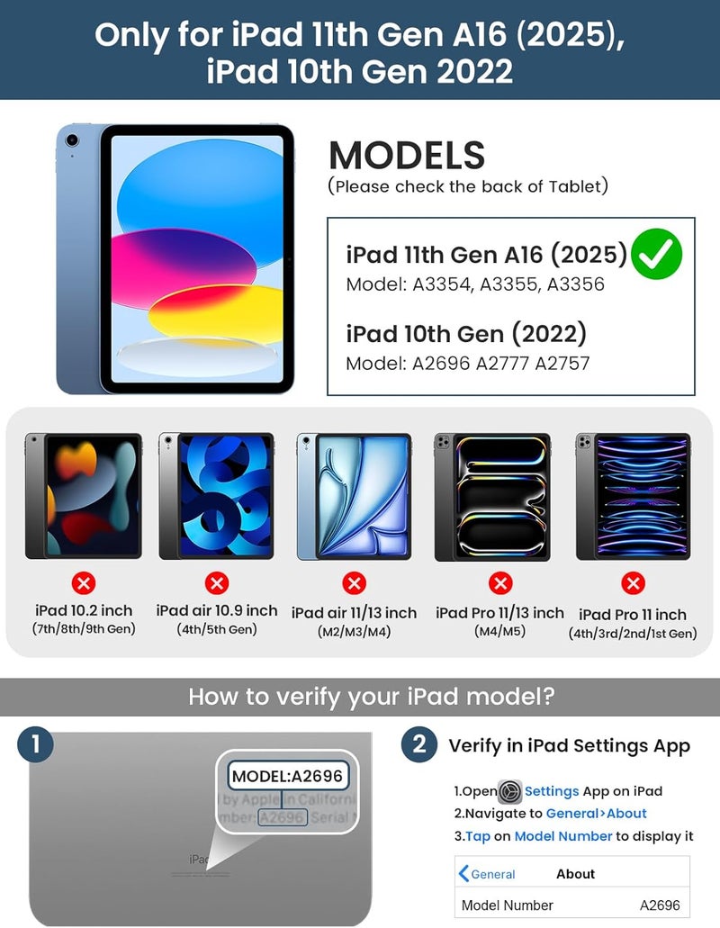 typecase حافظة Touch لجهاز iPad من الجيل العاشر مع لوحة مفاتيح (حجم 10.9 بوصة، متوفرة في 2022) وجهاز iPad A16 (الجيل الحادي عشر، متوفرة في 2025) – قابلة للدوران 360 درجة، مزودة بإضاءة خلفية بـ 11 لونًا، ولوحة تحكم متعددة اللمسات، نحيفة وخفيفة الوزن (لون أزرق منتصف الليل). - Image 2