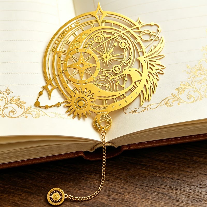 Prague Astronomical Clock Starry Sky Magic Array Theme Metal Bookmark Retro Hollow Design Chain With Pendant Sun Moon Star Trails Wings Compass Patterns Bright Golden Color For History Astronomy Enthusiasts Readers - Image 4