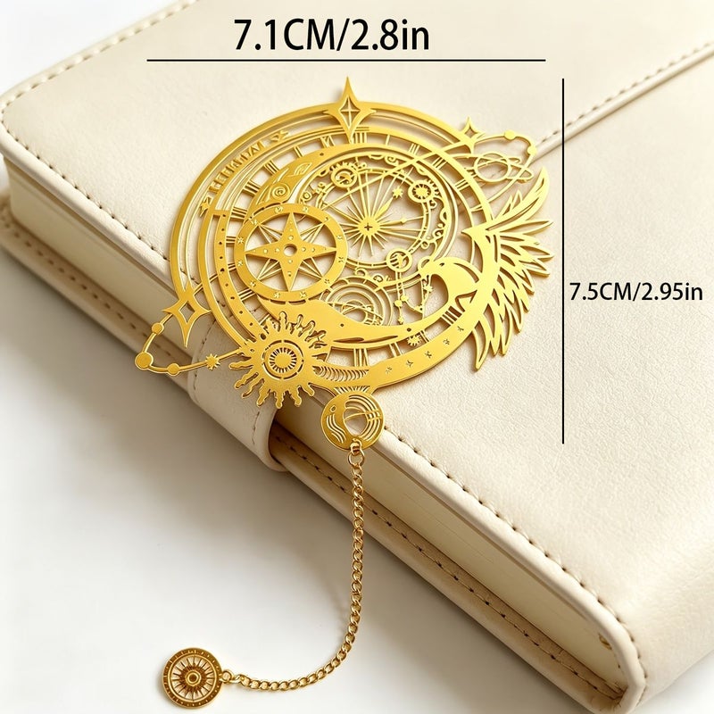 Prague Astronomical Clock Starry Sky Magic Array Theme Metal Bookmark Retro Hollow Design Chain With Pendant Sun Moon Star Trails Wings Compass Patterns Bright Golden Color For History Astronomy Enthusiasts Readers - Image 2