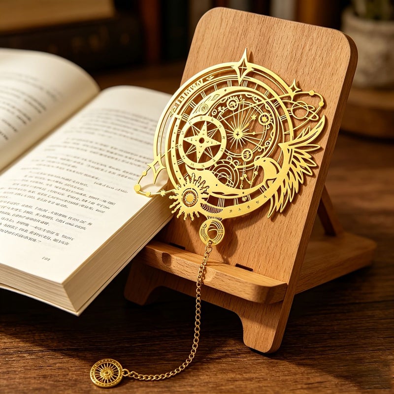 Prague Astronomical Clock Starry Sky Magic Array Theme Metal Bookmark Retro Hollow Design Chain With Pendant Sun Moon Star Trails Wings Compass Patterns Bright Golden Color For History Astronomy Enthusiasts Readers - Image 3