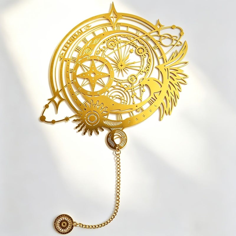 Prague Astronomical Clock Starry Sky Magic Array Theme Metal Bookmark Retro Hollow Design Chain With Pendant Sun Moon Star Trails Wings Compass Patterns Bright Golden Color For History Astronomy Enthusiasts Readers - Image 5