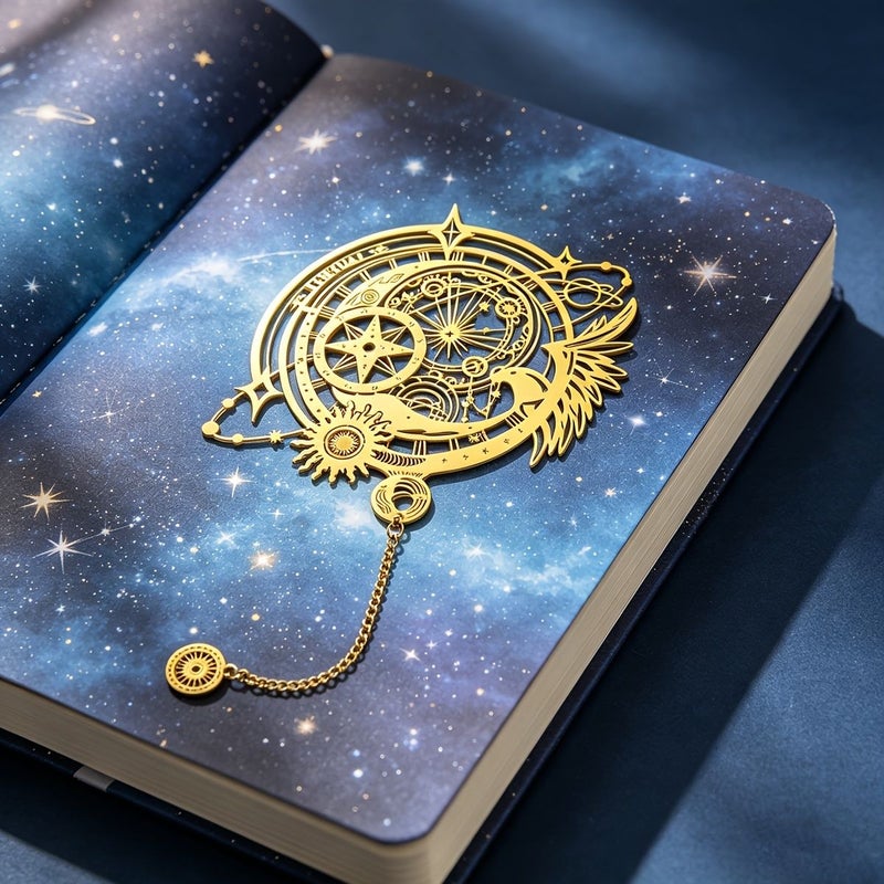 Prague Astronomical Clock Starry Sky Magic Array Theme Metal Bookmark Retro Hollow Design Chain With Pendant Sun Moon Star Trails Wings Compass Patterns Bright Golden Color For History Astronomy Enthusiasts Readers - Image 1