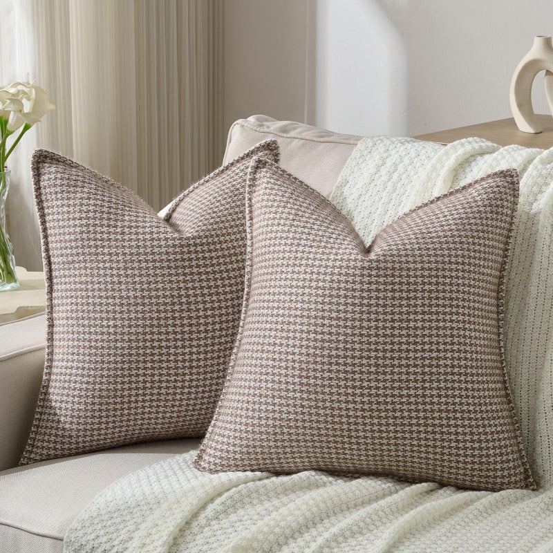 FUTEI Coffee Decorative Throw Pillow Covers 22x22 Inch Set of 2,Soft Houndstooth Gingham Textured Cushion Case,Modern Home Decor for Couch Bed Living Room - Image 1