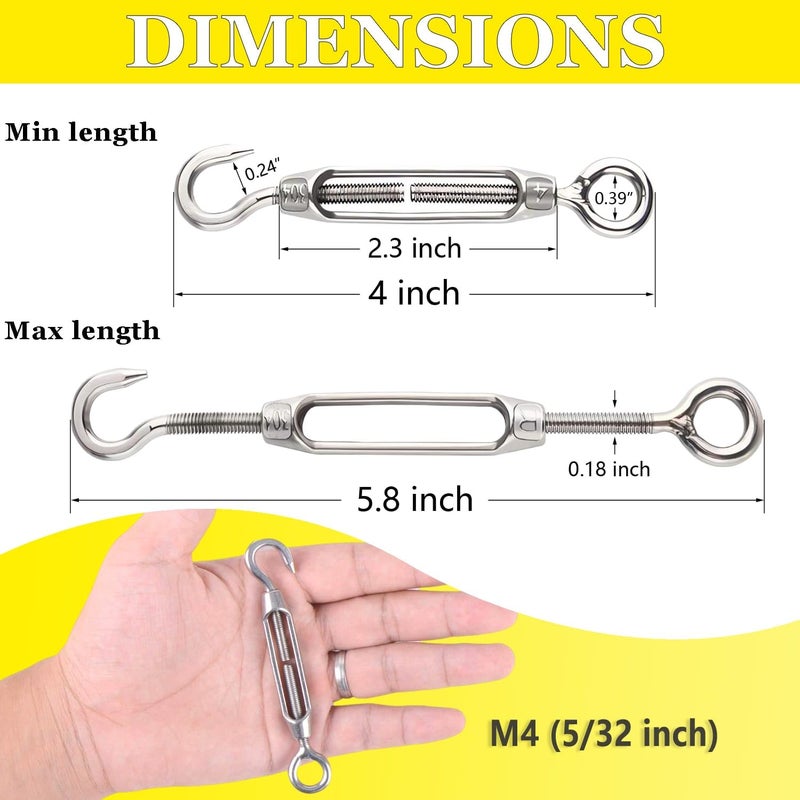 Lsqurel Turnbuckle 10PCS 304 Stainless Steel Turnbuckle Hook and Eye Heavy Duty M4 M6 M8 M10 Tensioner Adjustable Shade Sail Hardware for Tightening up Metal Cable Wire 5/32 1/4 5/16 3/8 - Image 2