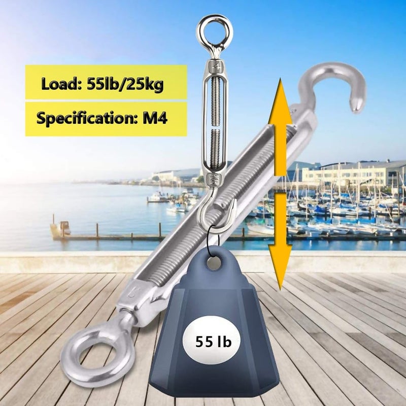 Lsqurel Turnbuckle 10PCS 304 Stainless Steel Turnbuckle Hook and Eye Heavy Duty M4 M6 M8 M10 Tensioner Adjustable Shade Sail Hardware for Tightening up Metal Cable Wire 5/32 1/4 5/16 3/8 - Image 3