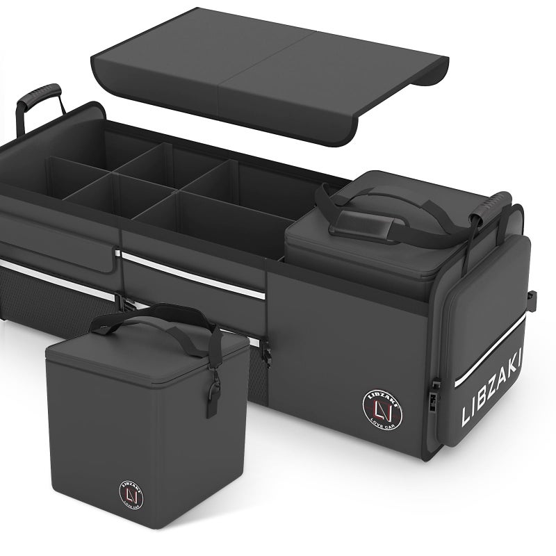 LIBZAKI Oversize 4 in 1 Car Trunk Storage Organizer Multi Compartment Collapsible Trunk Storage Box with Cooler Bag for Car Truck SUVBlack