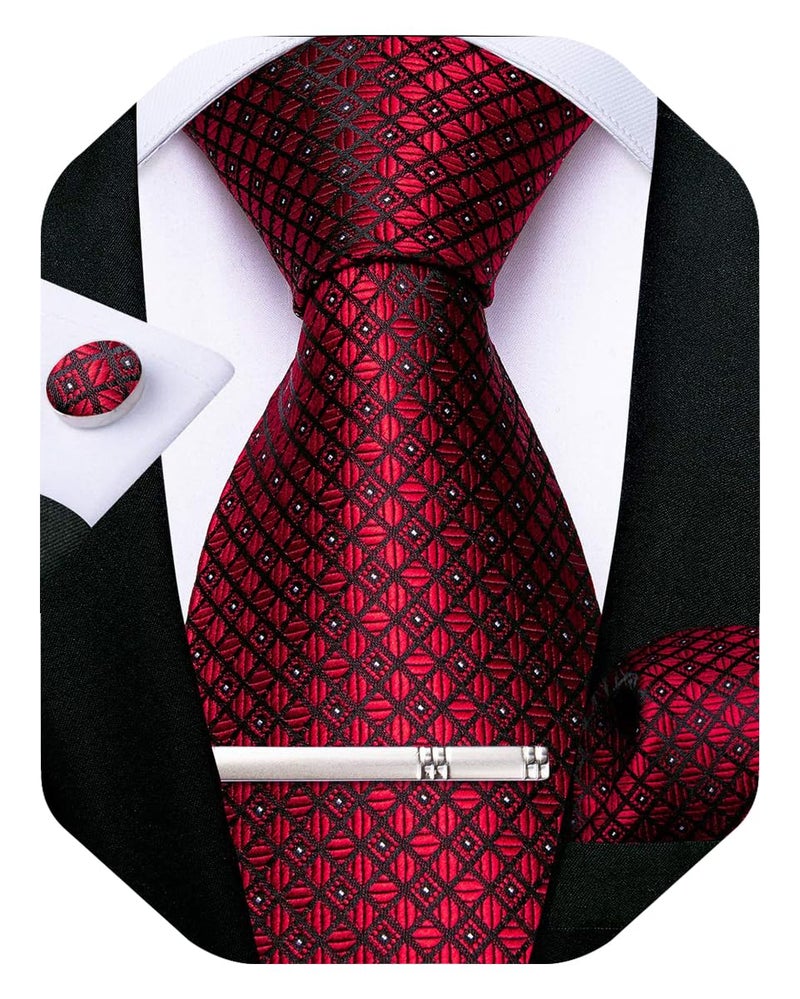 DiBanGu Plaid Ties for Men Silk Checkered Necktie and Pocket Square Cufflinks Tie Clip Set with Gift Box for Wedding Business, Wine Red - Image 1