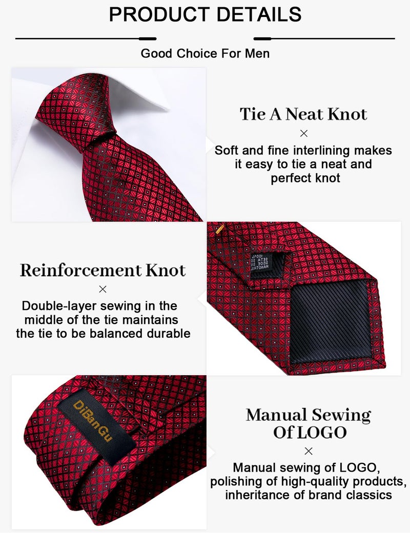 DiBanGu Plaid Ties for Men Silk Checkered Necktie and Pocket Square Cufflinks Tie Clip Set with Gift Box for Wedding Business, Wine Red - Image 5