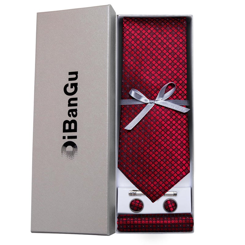 DiBanGu Plaid Ties for Men Silk Checkered Necktie and Pocket Square Cufflinks Tie Clip Set with Gift Box for Wedding Business, Wine Red - Image 3