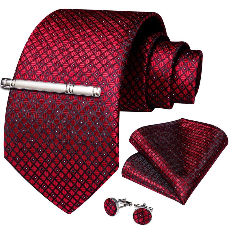 DiBanGu Plaid Ties for Men Silk Checkered Necktie and Pocket Square Cufflinks Tie Clip Set with Gift Box for Wedding Business, Wine Red - Image 2